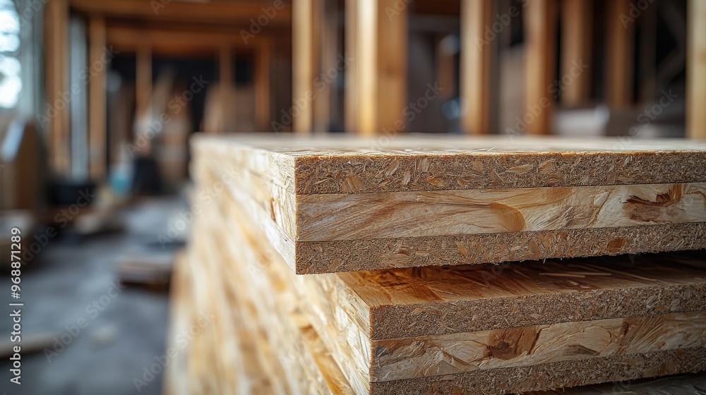 Stacked wooden panels are displayed prominently within a busy construction workshop environment Stacked wooden panels are displayed prominently within a busy construction workshop environment