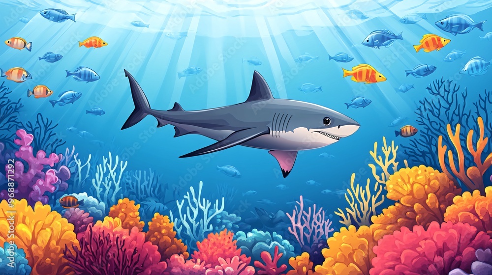 Obraz premium A gray shark swims through a vibrant coral reef with colorful fish.