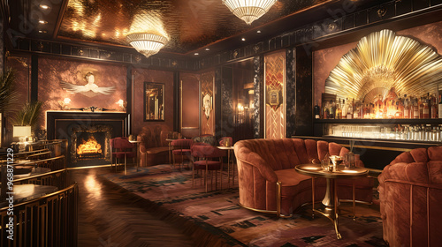 A glamorous 1920s flapper lounge – Plush velvet furniture, gold accents, roaring fireplaces, women in sequin dresses and feathered headpieces enjoying cocktails, and art deco patterns