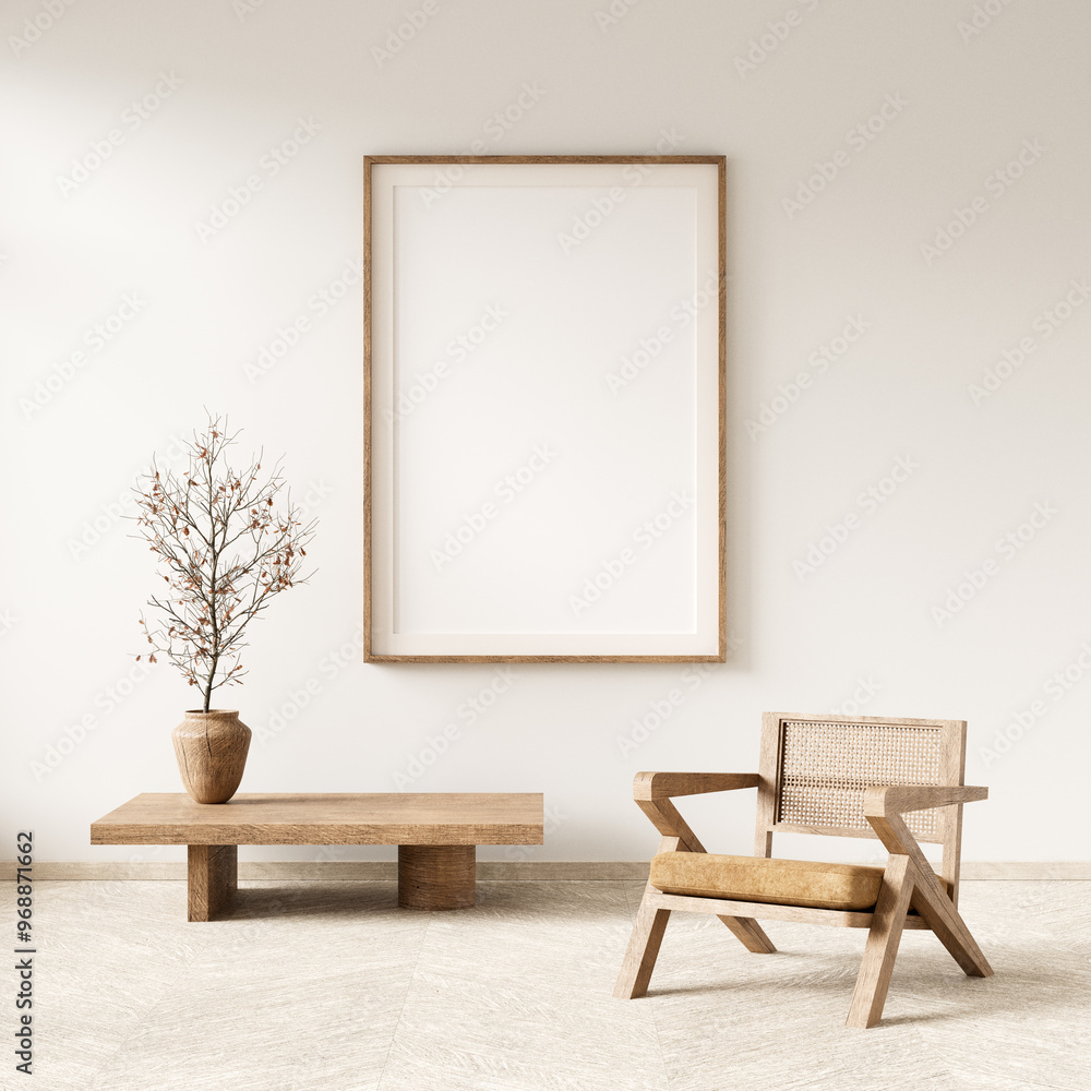 Mock up poster frame in Scandinavian style interior. Minimalist livingroom with wooden furnitures. 3D illustration Mock up poster frame in Scandinavian style interior. Minimalist livingroom with wooden furnitures. 3D illustration