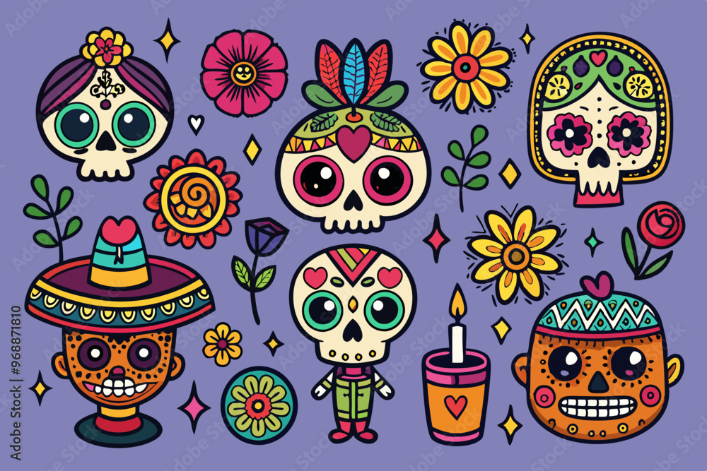 Colorful cute hand-drawn doodle art set with skulls and flowers for day of the dead decorations Colorful cute hand-drawn doodle art set with skulls and flowers for day of the dead decorations