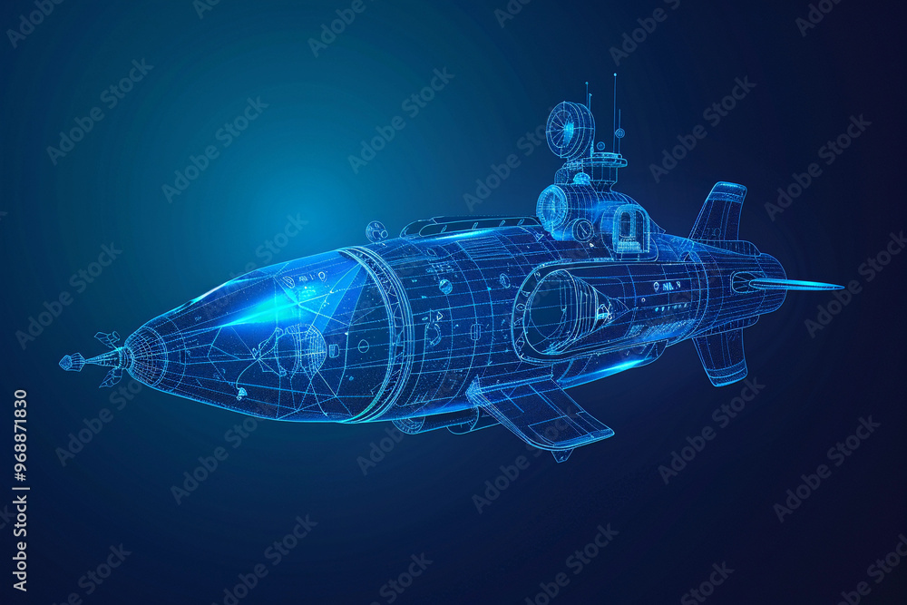 Beautiful large bathyscaphe floating in middle of ocean during exploration Beautiful large bathyscaphe floating in middle of ocean during exploration