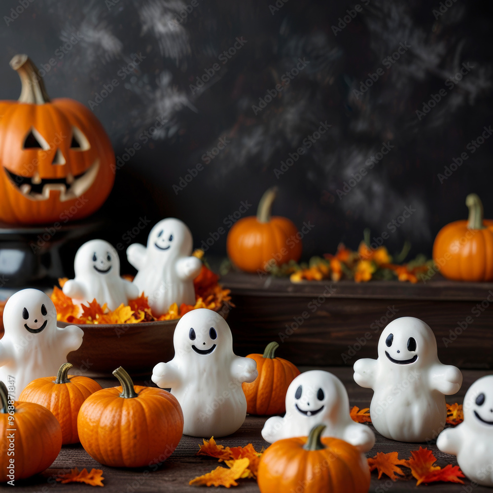 Cute little white ghosts with pumpkins, jack o lanterns on dark background celebrating autumn holiday Halloween Cute little white ghosts with pumpkins, jack o lanterns on dark background celebrating autumn holiday Halloween