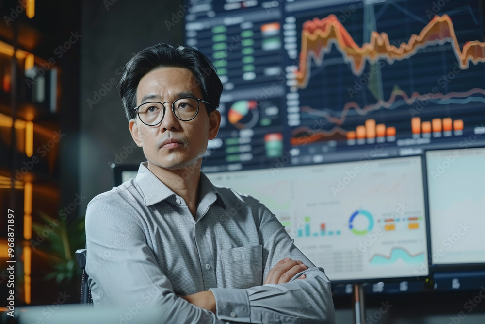 Fototapeta premium asian man leader presenting a financial data and strategies in a modern office with charts and graphs displayed on a large screen