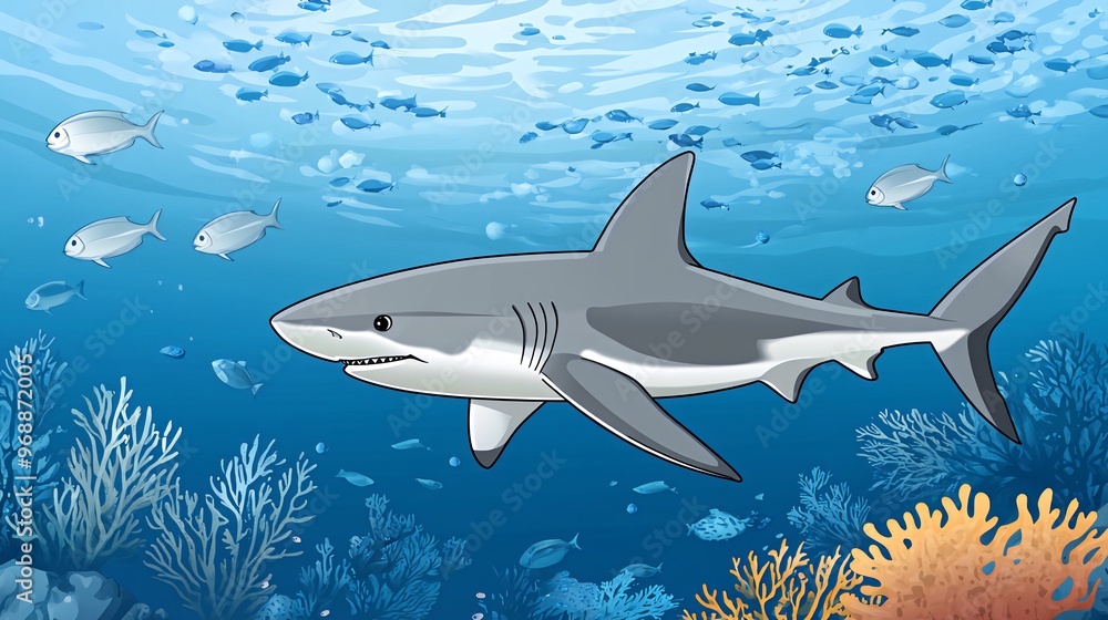 Obraz premium A large great white shark swims through a school of fish over colorful coral reefs.