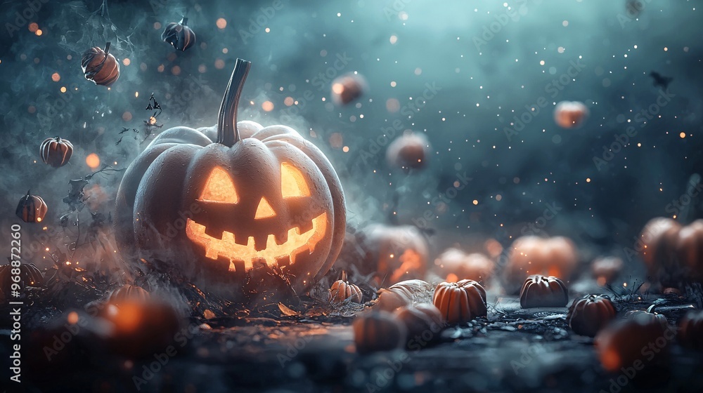 Naklejka premium A cosmic scene with a haunted planet, where glowing pumpkins and mysterious shadows lurk on the surface, with stars and nebulae in the background providing copy space.