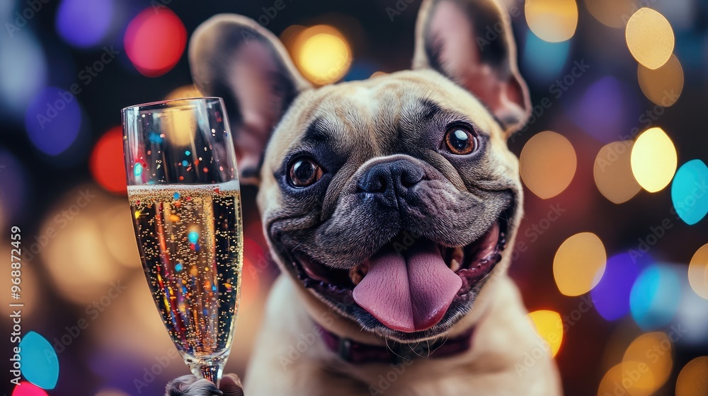 Cute French Bulldog with a champagne glass, enjoying a New Yeara Eve party filled with colorful confetti, lights, and celebration Cute French Bulldog with a champagne glass, enjoying a New Yeara Eve party filled with colorful confetti, lights, and celebration
