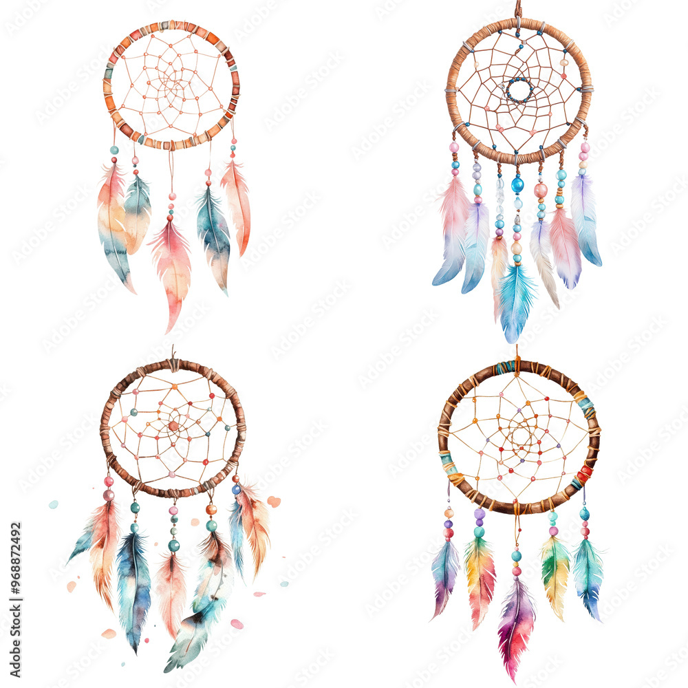 Obraz premium Dreamy Watercolor Dreamcatchers Isolated on Transparent Background for Spiritual and Decorative Themes