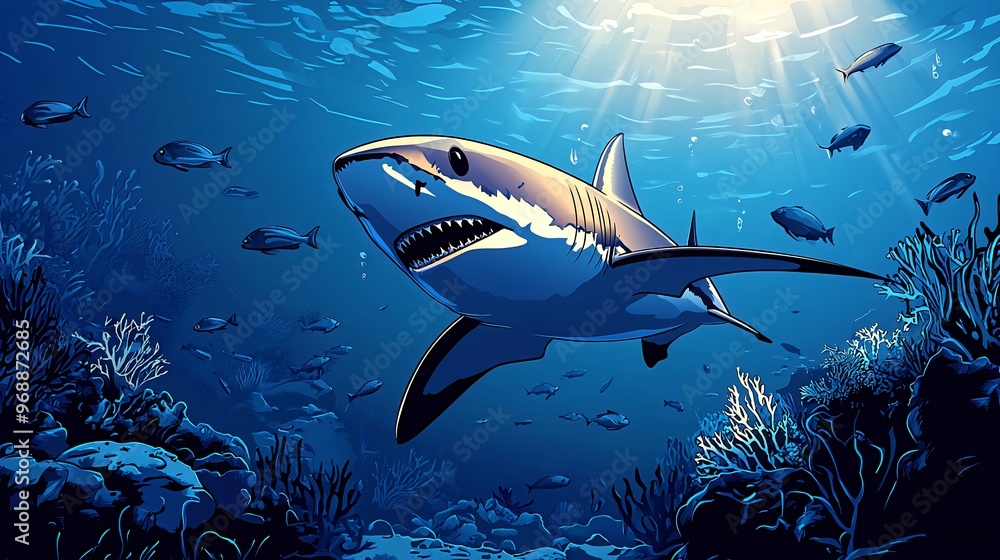 Obraz premium A large, white shark swims through a coral reef with a school of fish. The sun shines through the water above.