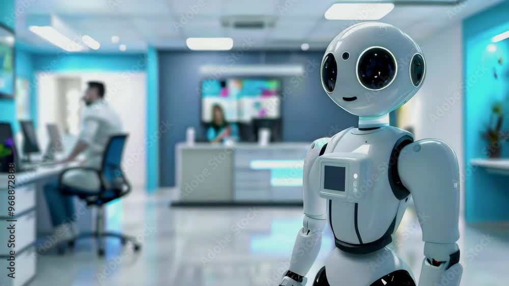 A robot volunteering a modern hospital, surrounded by doctors working. The setting is bright and high-tech, representing medical innovation. A robot volunteering a modern hospital, surrounded by doctors working. The setting is bright and high-tech, representing medical innovation.