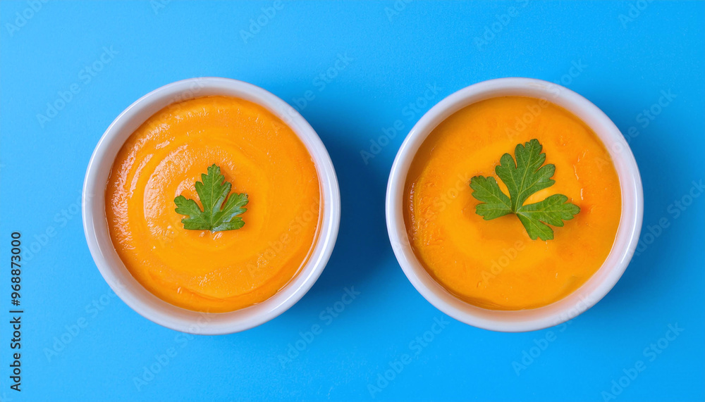 bowls of pumpkin soup with vegetables bowls of pumpkin soup with vegetables