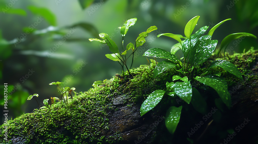 A close-up of Amazonian moss and small plants growing on a tree trunk in the humid rainforest environment A close-up of Amazonian moss and small plants growing on a tree trunk in the humid rainforest environment