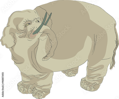 Elephant drawing in old japanese asian style vector illustration. Ukiyo-e painting of elephant with trunk in lines sketch hand drawn. Retro Japan nature drawing.