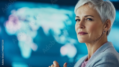 Mature woman discussing future trends at a global summit, foresight and vision photo