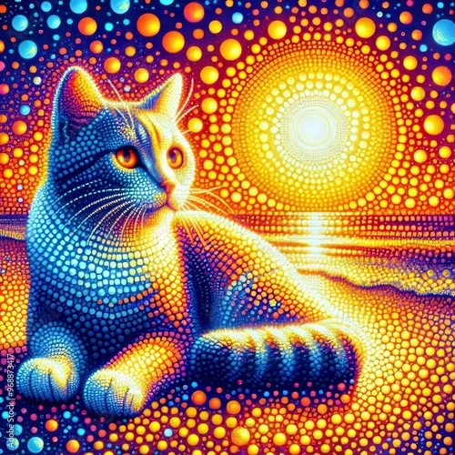 Neo Impressionist Hologram Utilizing pointillism the cat and sun photo