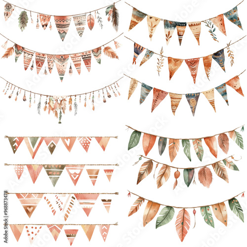 Wallpaper Mural Boho Style Watercolor Bunting Flags and Tassels Isolated on Transparent Background Torontodigital.ca