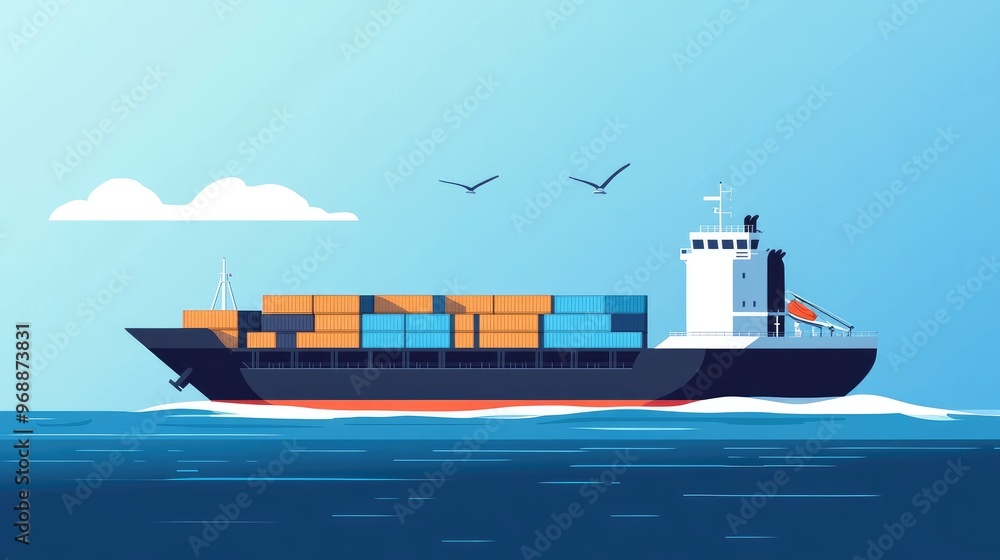 Obraz premium Flat illustration of a cargo ship with containers, crossing the ocean, symbolizing international shipping and logistics in a clean, minimalist style.