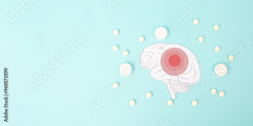 Fotografie Brain with pills, Alzheimer awareness day, dementia diagnosis, Parkinson disease