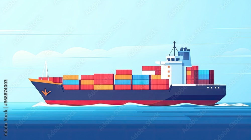 Flat style cargo ship with containers on the ocean, showing the importance of international trade and logistics in modern commerce. Flat style cargo ship with containers on the ocean, showing the importance of international trade and logistics in modern commerce.