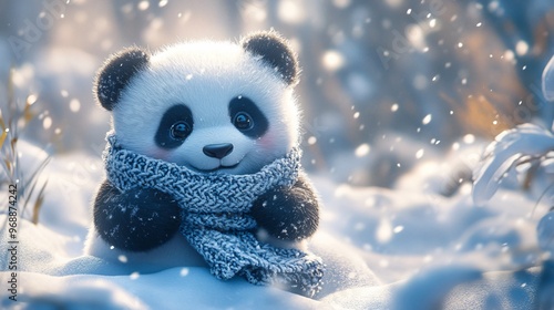 panda wearing a knitted scarf playing in the snow