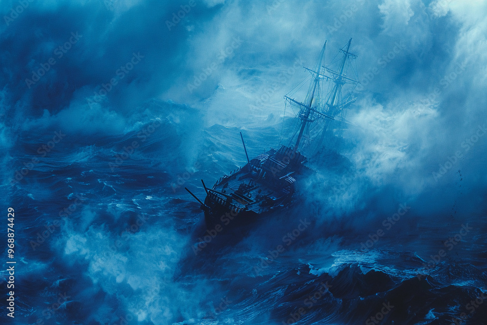 Fototapeta premium Underwater view of an old sunken ship on seabed with fish swimming