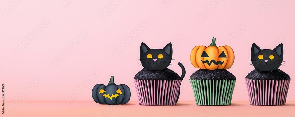 Fototapeta premium Spooky black cat cupcakes with vibrant Halloween colors, eerie atmosphere, Watercolor style