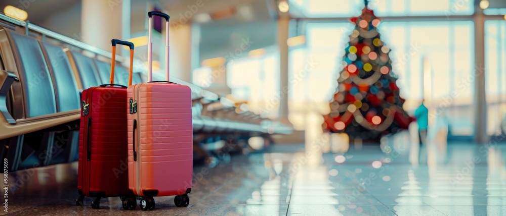A minimalistic photo shows two suitcases standing side by side in an airport terminal, with a decorated Christmas tree in the backdrop. A minimalistic photo shows two suitcases standing side by side in an airport terminal, with a decorated Christmas tree in the backdrop.