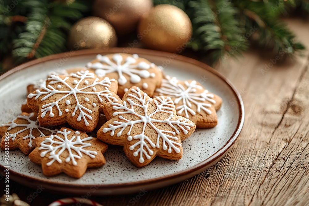 Plate with tasty Christmas cookies on wooden table, copy space for text Plate with tasty Christmas cookies on wooden table, copy space for text