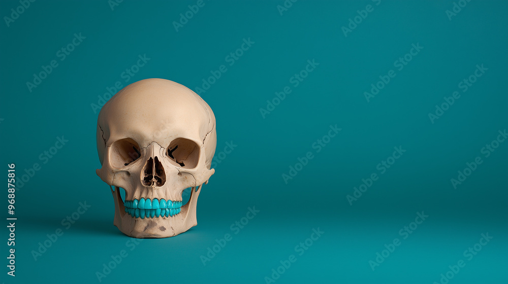 A human skull with turquoise jaw sits against vibrant teal background, creating striking visual contrast. This artistic representation evokes curiosity and intrigue. A human skull with turquoise jaw sits against vibrant teal background, creating striking visual contrast. This artistic representation evokes curiosity and intrigue.