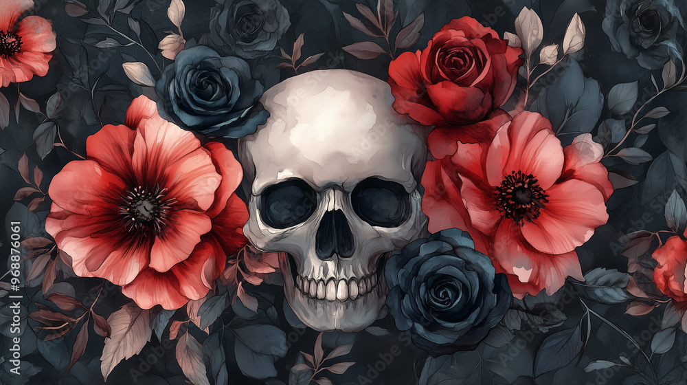 A striking skull surrounded by vibrant red and blue flowers creates captivating contrast, evoking sense of beauty intertwined with macabre. A striking skull surrounded by vibrant red and blue flowers creates captivating contrast, evoking sense of beauty intertwined with macabre.