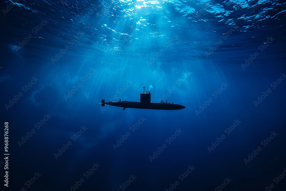 Beautiful large submarine floating in middle of ocean during mission Beautiful large submarine floating in middle of ocean during mission
