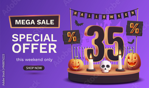 35 percents off. Halloween sale banner template. Podium and numbers with amount of discount. Special October offer. Vector illustration.
