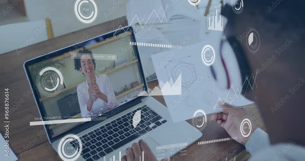 Animation of data processing over schoolboy learning online with female teacher on laptop screen Animation of data processing over schoolboy learning online with female teacher on laptop screen