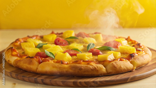 Topped with bright yellow cheese chunks, tomatoes, and fresh basil, a steaming pizza sits on a wooden board, the yellow backdrop enhancing its warmth photo