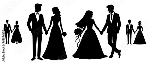 Bride and bridegroom holding hands. Set of wedding silhouettes black filled vector Illustration icon