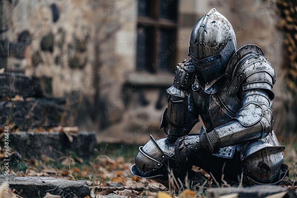 A fantastic royal knight in armor guards the castle chambers A fantastic royal knight in armor guards the castle chambers