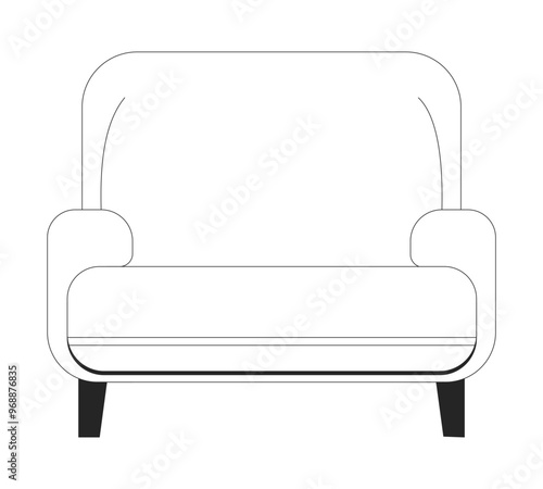 Comfortable armchair wide black and white 2D line object. Cozy home seating furniture isolated clip art vector outline item. Contemporary livingroom furnishing. Monochromatic spot illustration
