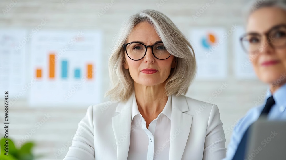 Fototapeta premium Senior woman discussing corporate strategy with a financial analyst, expert and composed