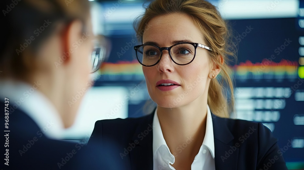 Senior woman discussing corporate strategy with a financial analyst, expert and composed Senior woman discussing corporate strategy with a financial analyst, expert and composed
