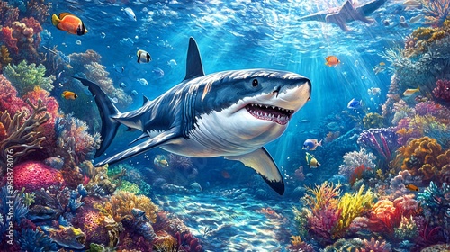 A great white shark swims through a colorful coral reef, sunlight streaming down from above.