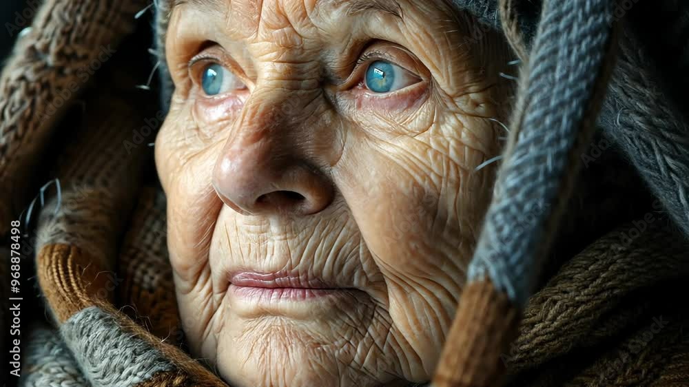 An elderly woman with striking blue eyes gazes thoughtfully while wrapped in a cozy scarf indoors during the evening An elderly woman with striking blue eyes gazes thoughtfully while wrapped in a cozy scarf indoors during the evening