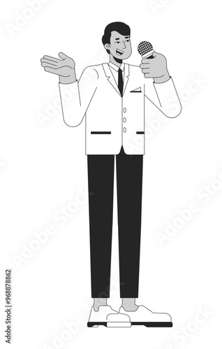 Indian male presenter speaking into microphone black and white 2D line character. Talking anchorman holding mic isolated vector outline person. TV host gesturing. Monochromatic spot illustration