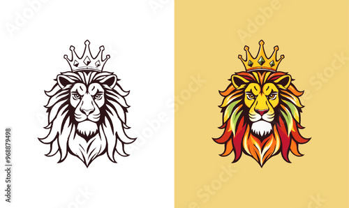 powerful abstract lion mascot logo. Lion with crown logo. Colorful rainbow lion logo for LGBTQ