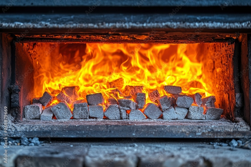 Obraz premium Fire Burning in a Metal Oven with Wood Logs