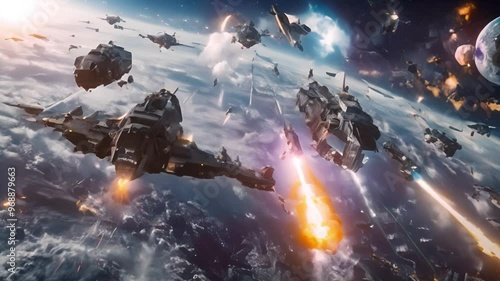 A futuristic space battle scene with multiple spaceships firing lasers.