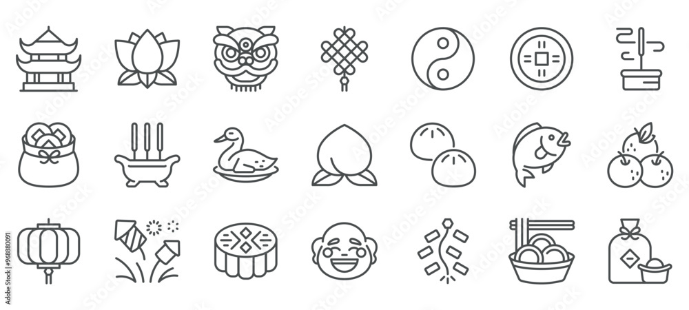 Lunar New Year Icon Set. Traditional Symbols of Chinese New Year Celebration, Including Lanterns, Dragon Dance, Lucky Coins, Dumplings, Firecrackers, and Festive Foods.
Lunar New Year Icon Set. Traditional Symbols of Chinese New Year Celebration, Including Lanterns, Dragon Dance, Lucky Coins, Dumplings, Firecrackers, and Festive Foods.