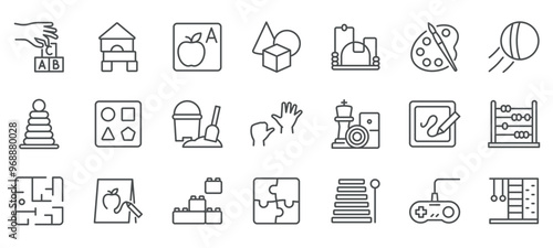 Educational Games Icons Set. Linear Icons Representing Interactive Learning Tools for Kids, Including Alphabet Blocks, Abacus, Puzzles, Painting, Building Toys, Sand Play, and Logical Thinking Games.