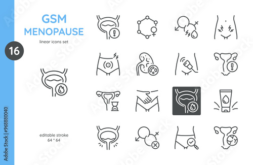 GSM Menopause Icons Set. Linear icons illustrating GSM symptoms and treatments. Includes icons of urinary, vaginal health, hormonal changes, pain, and related medical conditions.