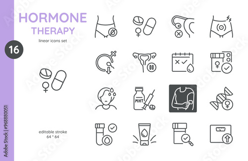 Hormone Therapy and Menopause Treatment Icons Set. Linear Icons of hormone replacement therapy, menopause symptoms, pills, injections, hormone patch, menstrual health, and related treatments.