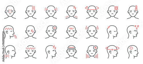 Headache and Head Pain Symptoms Icons Set - Different types of headaches, tmj, migraines, tension,  insomnia, dizziness, and neck pain,